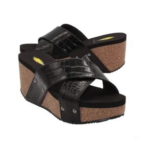Volatile Riverside Black Croco Animal Print Wedge‎ Wide Strap Sandals 11 New